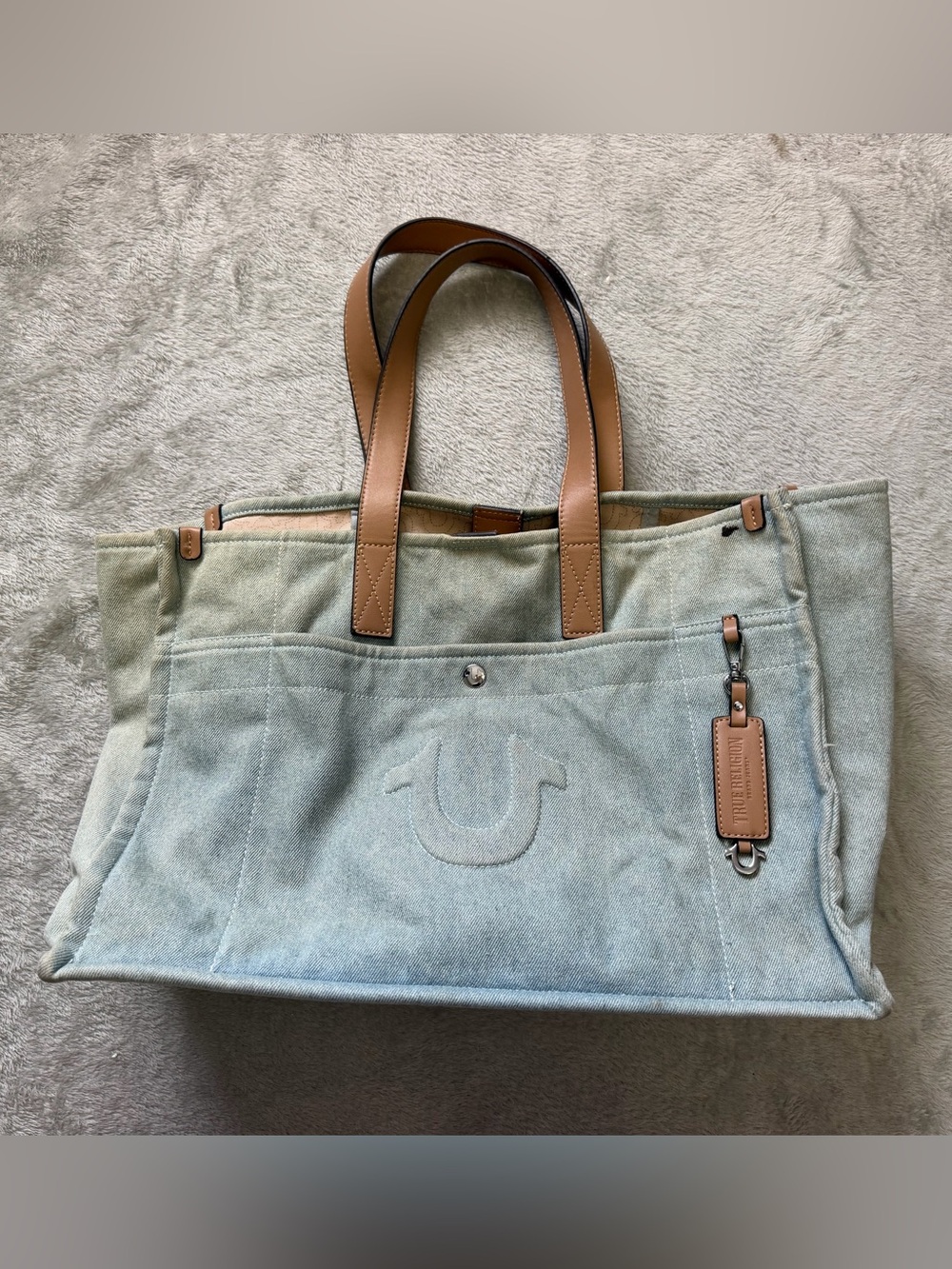 True Religion Light Blue Canvas Tote with Tan Leather Handles and Key Tag